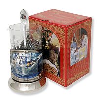 Набор для чая "Промысловый лов" (3 пр.) цветой, карт.коробка, хруст.стакан, латунь никелированная, термоперенос, ложка-нерж.,термоперенос.